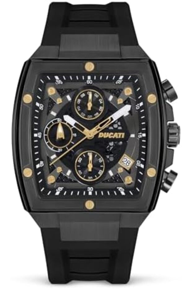 DT008 Chronograph Watch – Black Dial, Gold Screw-Detail Case, 40mm Silicone Strap, Multi-La