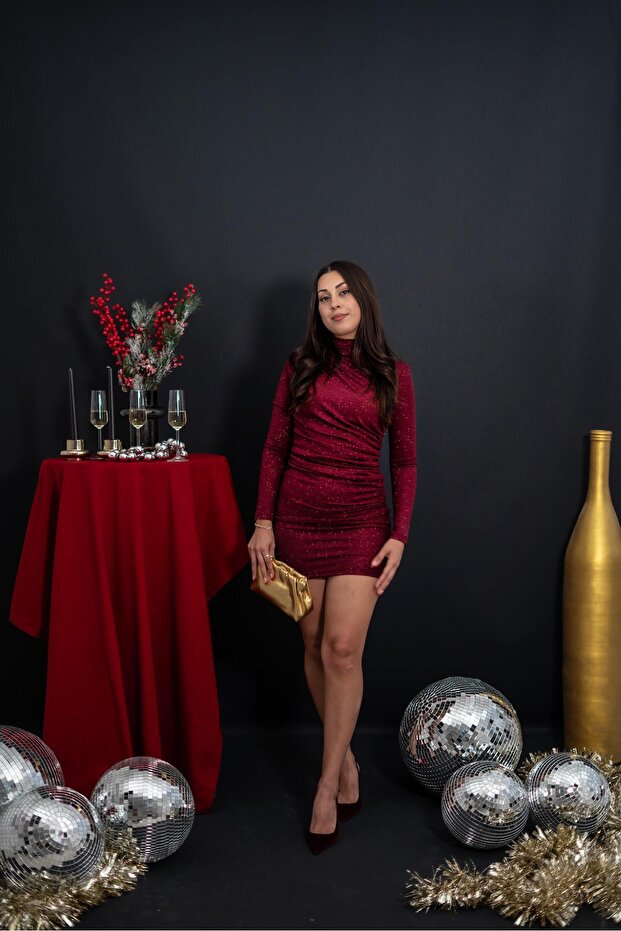 Turtleneck Draped Silvery Burgundy Dress
