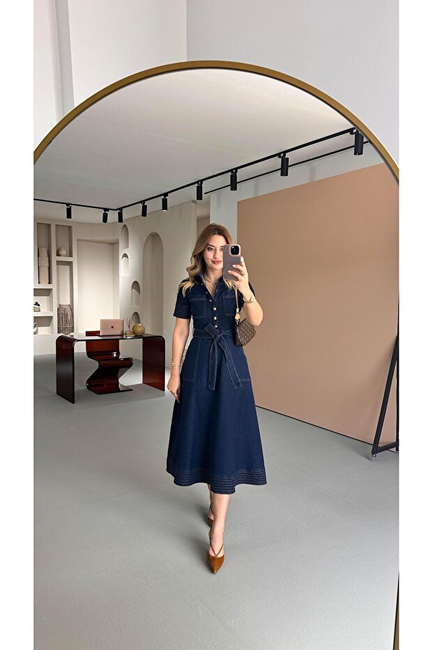 Stitch Detail Half Sleeve Navy Blue Bell Denim Dress