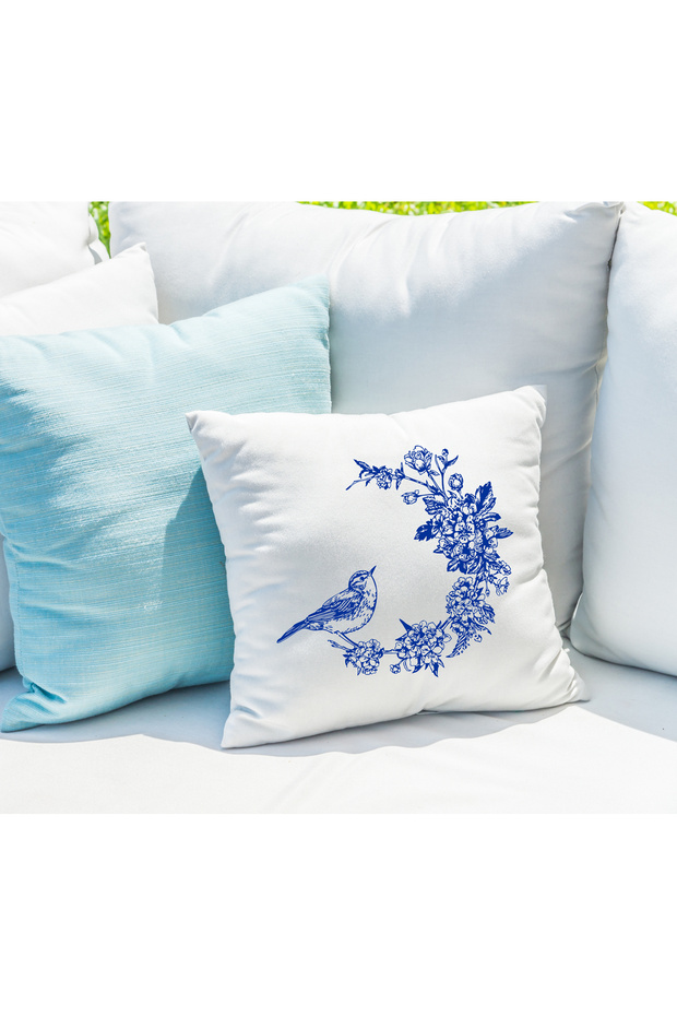 Double-Sided Minimalist Bohemian Blue with Birds Patterned Modern Living Room Balcony Pillow Cushion Cover 43X43 cm