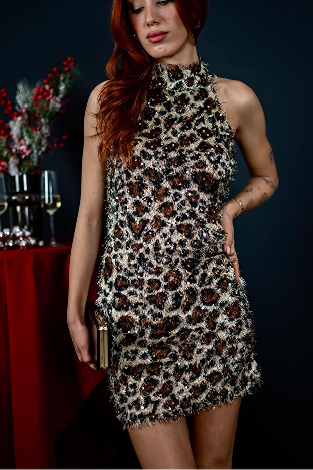Halter Yaka Payet Detay Sakallı Kahve Leopar Elbise - 4