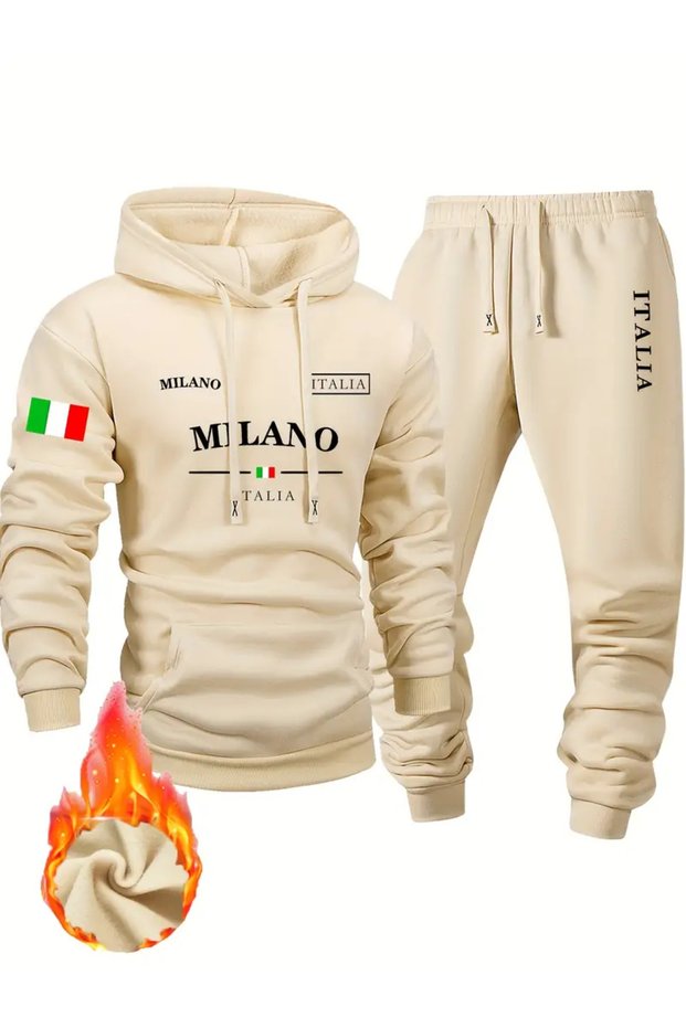 Men's Fashion Sport Sweatshirt Set, Milano Letter and Flag Printed Hoodie and Sports Pants Set