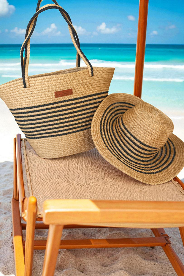 Kaan Home Beige Black Striped Beach Bag and Hat Set - Durable Design Suitable for Daily Use