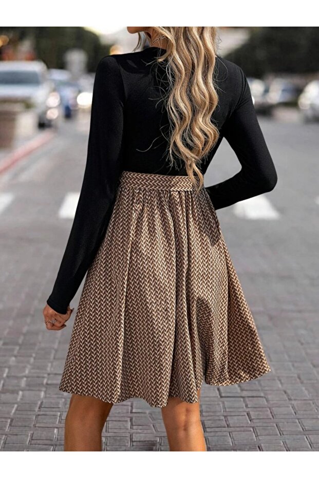 Kadın U Yaka Uzun Kollu Üst Viskon Alt Süprem Midi Elbise - 4