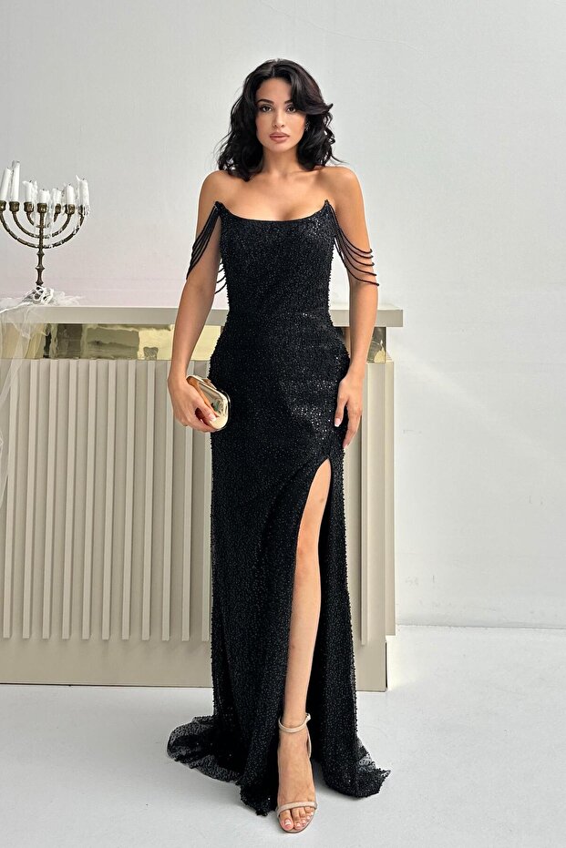 Black Beaded Strapless Evening Dress with Sleeve Detail