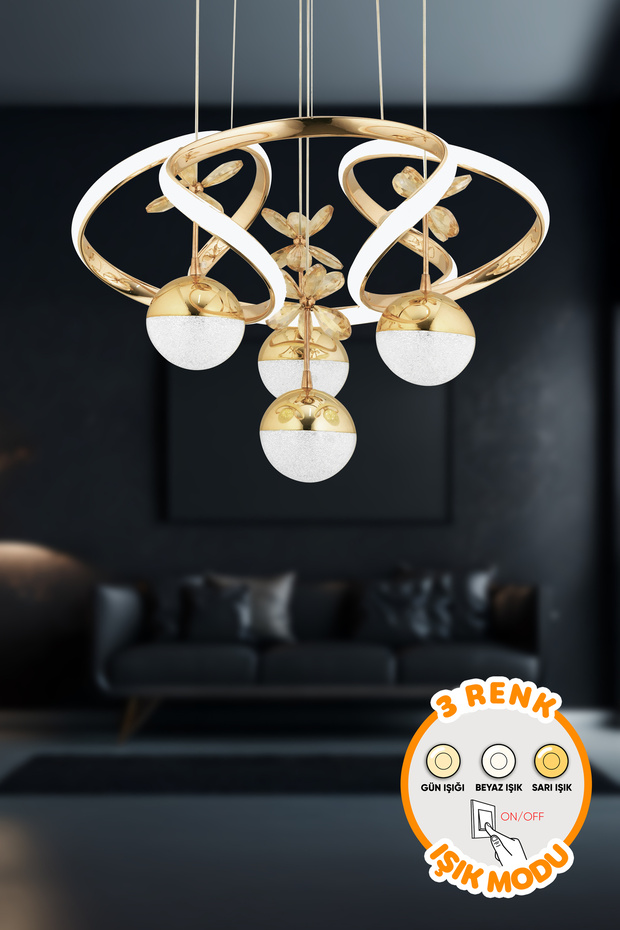 Dekorluna Modern Luvina Gold 3 Renk Işık Özellikli Power Led Kaplama Sarkıt Led Avize Salon Avize