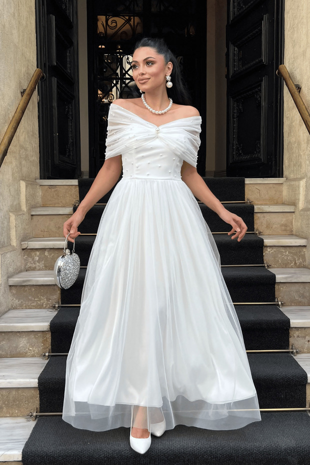 Tulle Fabric Pearl Detail Midi Dress - White