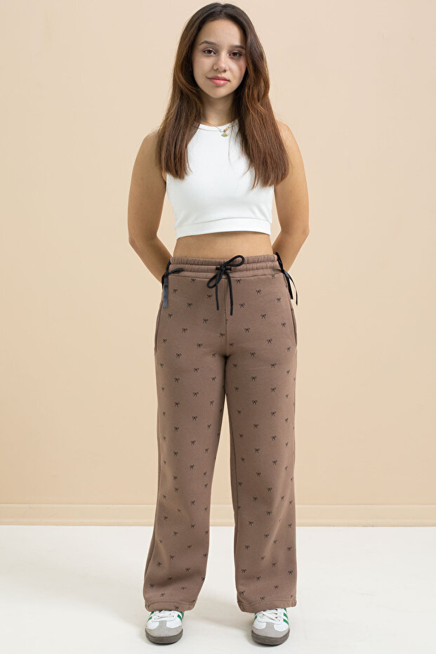Brown Bow Printed Wide Leg Girls' Ribbed Sweatpants 21434