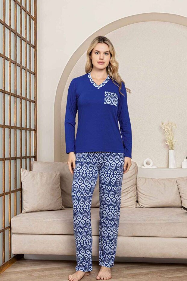 Ethnic Patterned Women's Pajama Set - Cobalt Blue V-Neck Long Sleeve Lycra Fabric 2824Uy