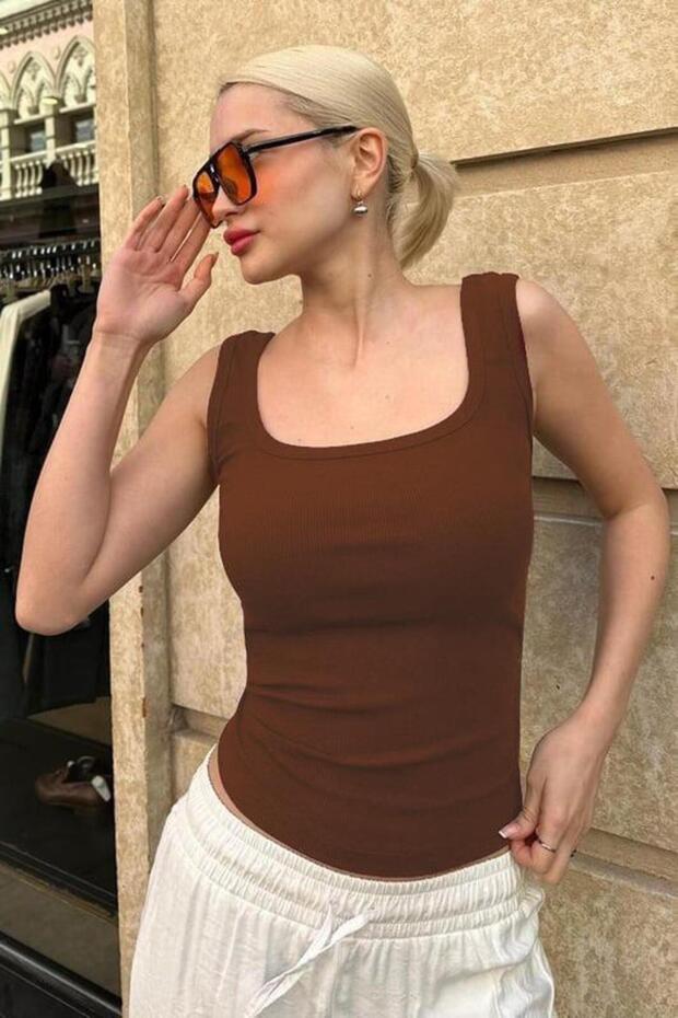 Kahve Fitilli Görünümlü Askılı Basic Atlet SH210 - 1