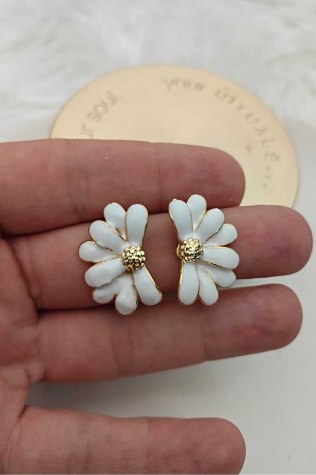 White Enamel Flower Gold Women's Earrings