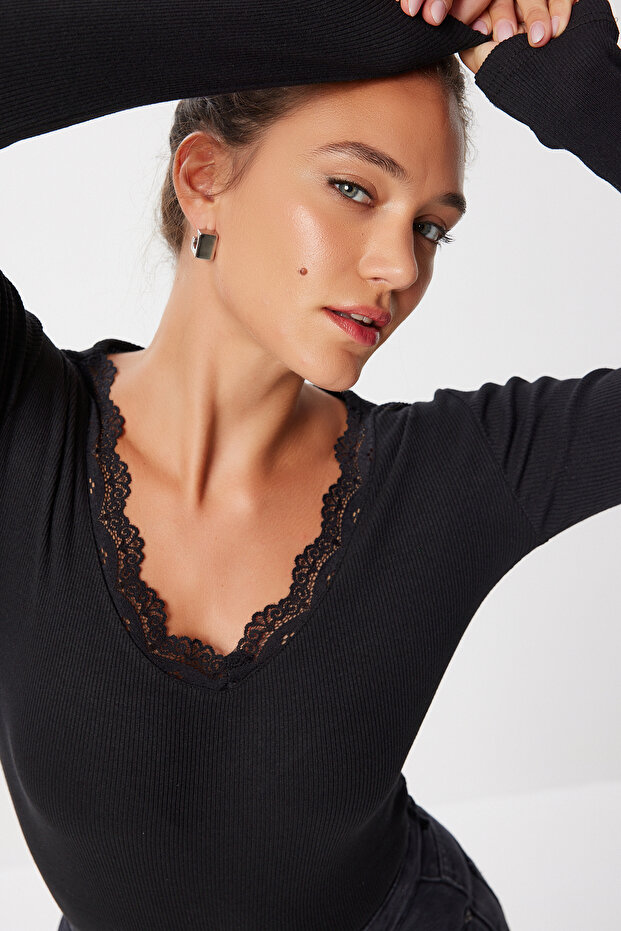 Lace Detailed Ribbed Knitted Blouse Len0031 Black