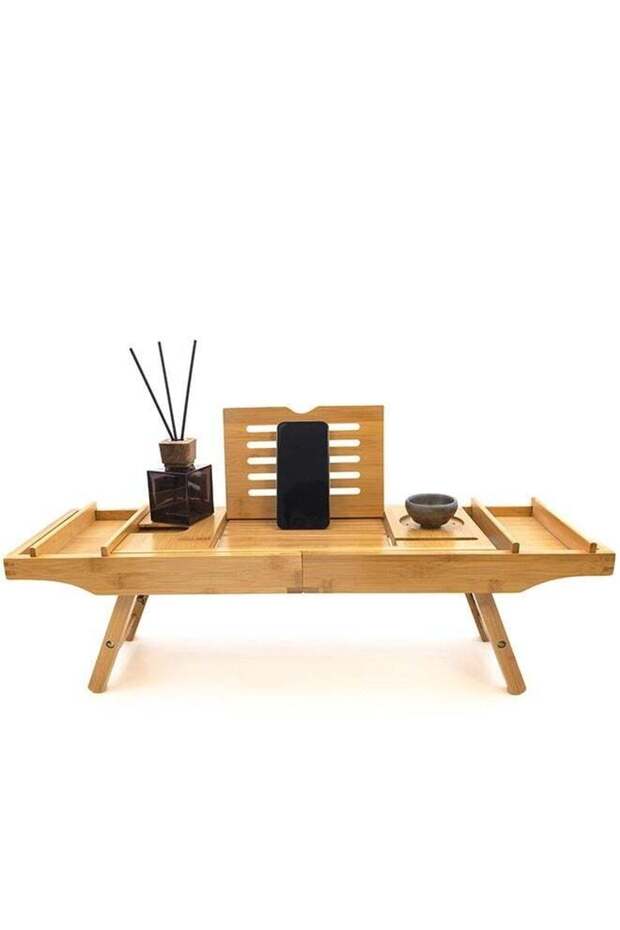 Home Care Bamboo Bathtub Tray – Adjustable & Expandable with Book, Tablet Holder, and Wine Glass Sl