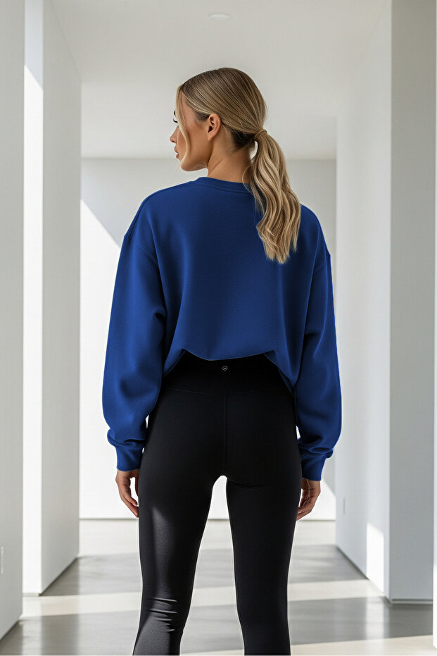Kadın Oversize Kışlık Salaş Mavi Sweatshirt - 5