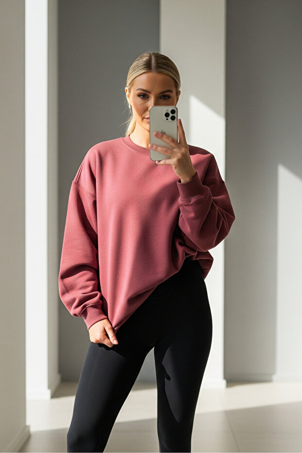 Kadın Oversize Kışlık Salaş Fuşya Sweatshirt - 3