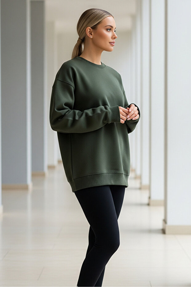 Kadın Oversize Kışlık Salaş Haki Sweatshirt - 5