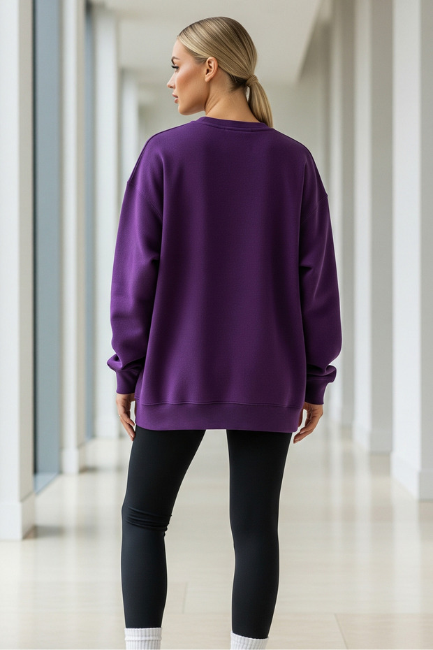 Kadın Oversize Kışlık Salaş Mor Sweatshirt - 6