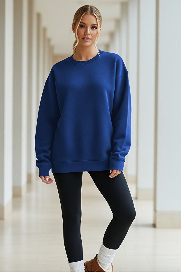 Kadın Oversize Kışlık Salaş Mavi Sweatshirt - 4