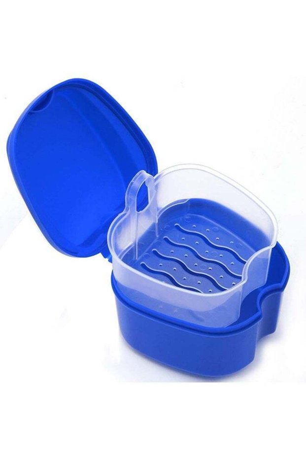 Blue Denture Case with Strainer, Travel-Friendly False Teeth Storage Box with Cleaning Basket