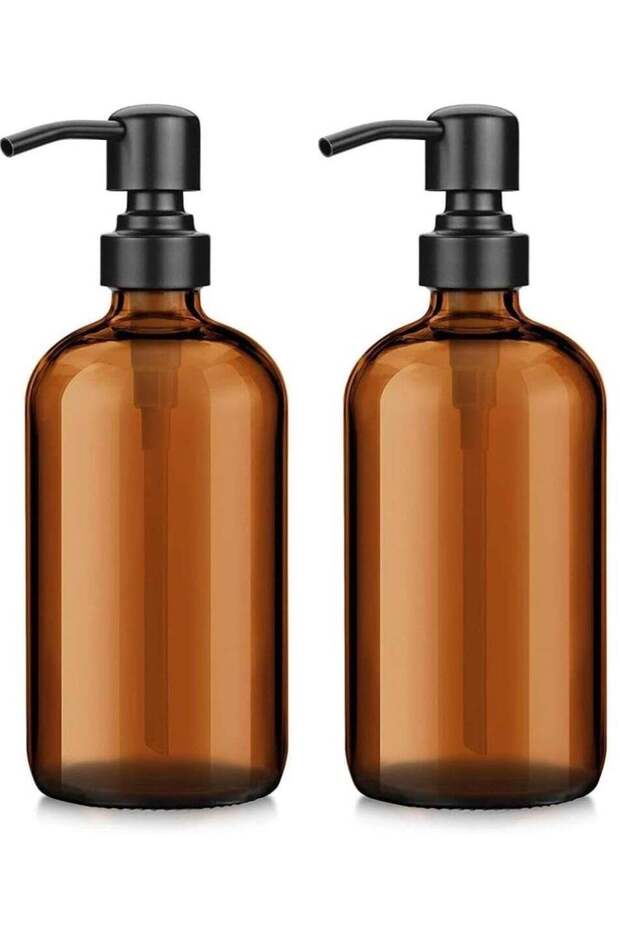 2Pcs 16oz Glass Brown Soap Dispenser, Glass Soap Dispenser with Pump Bathroom Hand Soap Dispenser