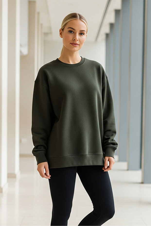 Kadın Oversize Kışlık Salaş Haki Sweatshirt - 2