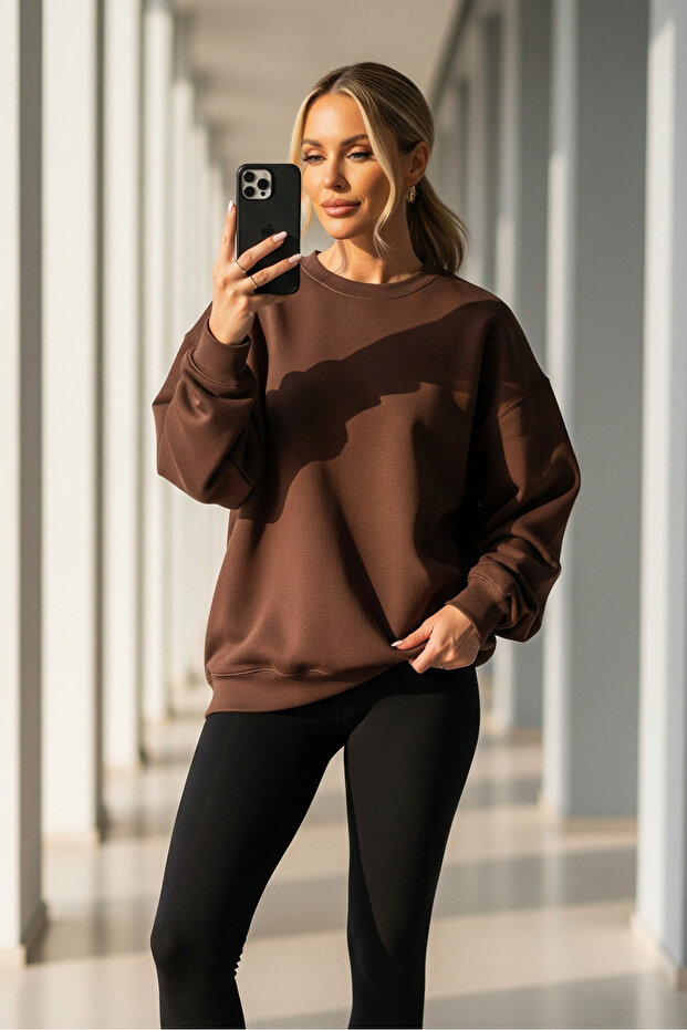 Kadın Oversize Kışlık Salaş Kahve Sweatshirt - 2