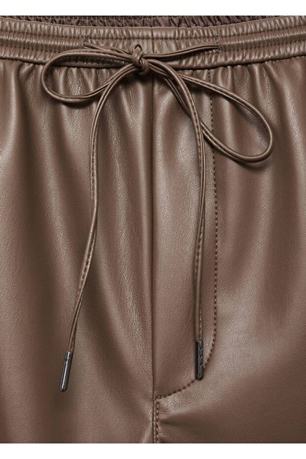 Deri görünümlü elastik belli pantolon - 5