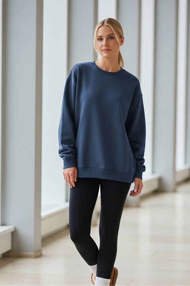 Kadın Oversize Kışlık Salaş Saks Sweatshirt - 6