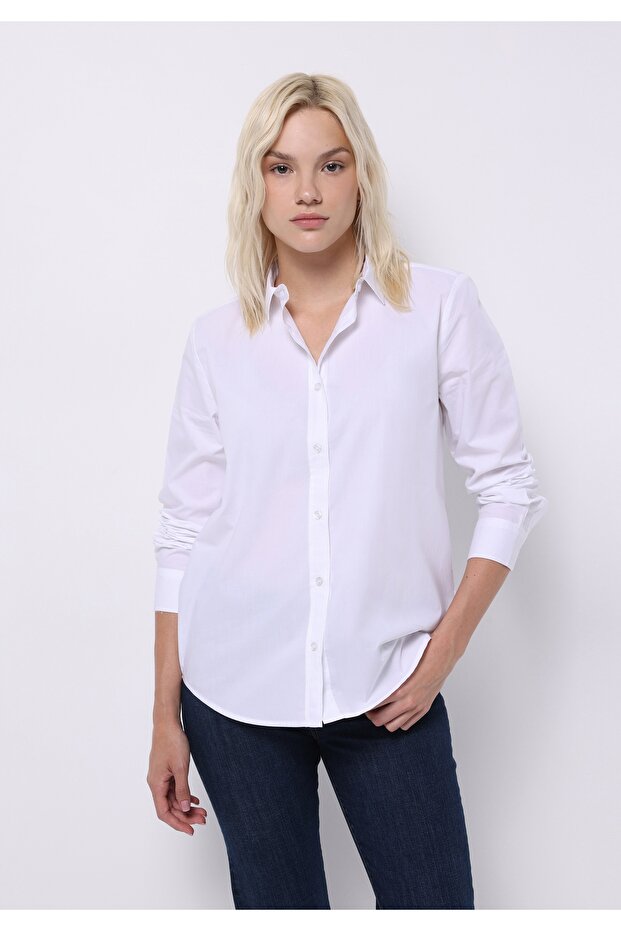 Regular Fit Shirt Neck Plain Women's White Long Sleeve Shirt