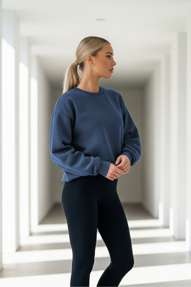 Kadın Oversize Kışlık Salaş Saks Sweatshirt - 4