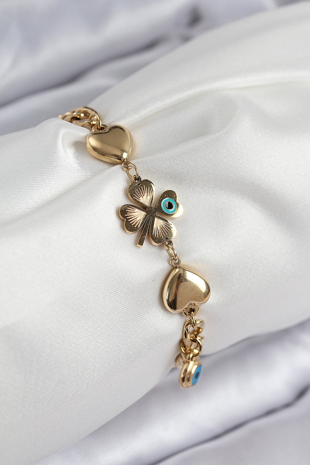 316L Steel Evil Eye Bead Detailed Clover Model Gold Color Women's Bracelet