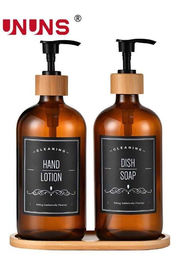 Soap Dispenser Set,2-Piece Amber Glass Soap Dispenser Set With Tray,16oz/500ml Reusable Soap Pump D