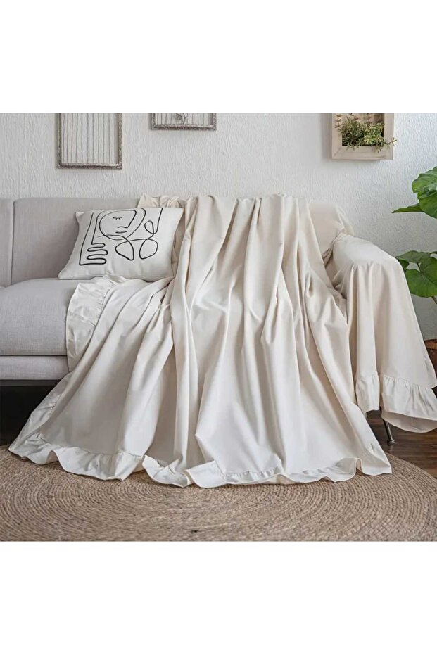Ham Keten Fırfırlı Tekli Koltuk Örtüsü Berjer Örtüsü 150x180 Cm - 1