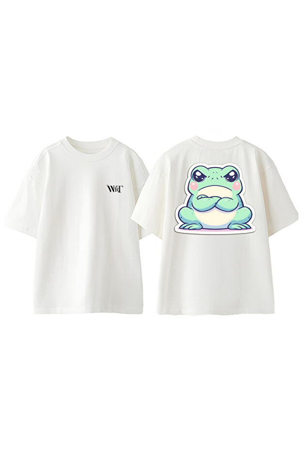 تي شيرت قطني أبيض كبير الحجم مطبوع عليه تصميم Grumpy Frog 2 على الظهر