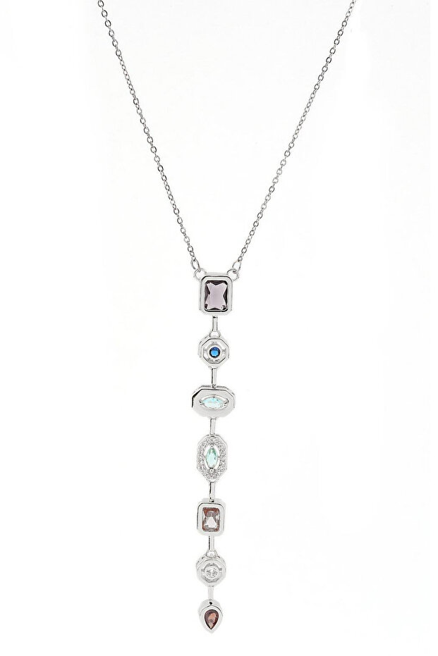 High Quality Y Model 7 Element Colorful Stone Model Stainless Steel Silver Color Women's Necklace