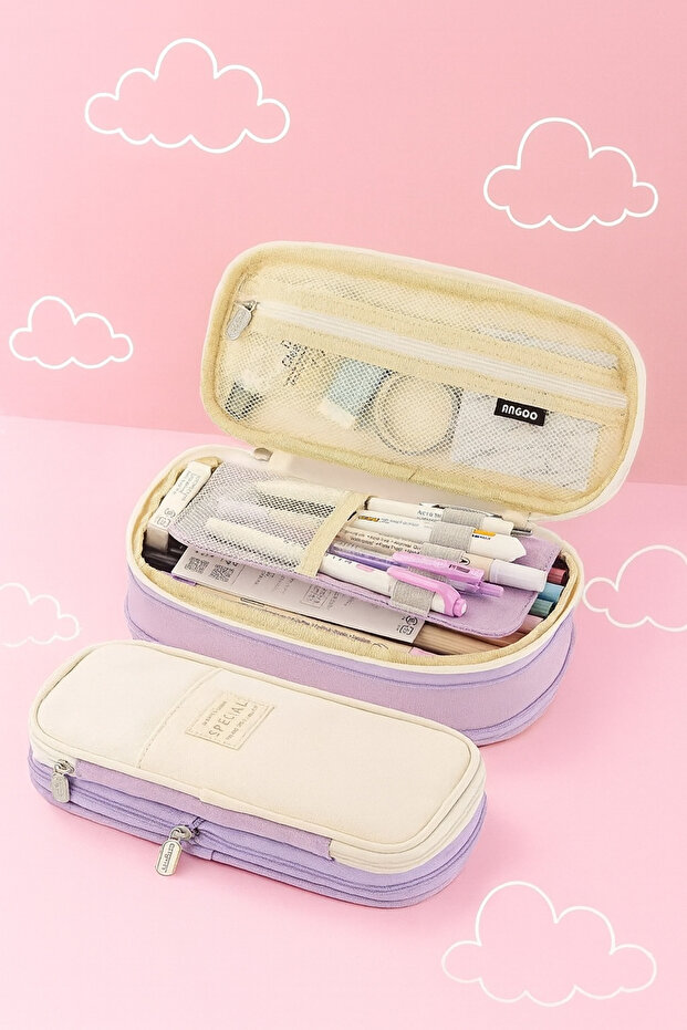 Kawaii Special Colorful Double Layer Canvas Pencil Case Pastel Tone Large Capacity Pen Holder