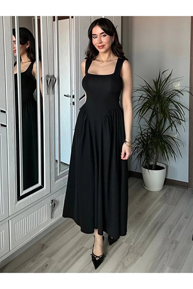 Kadın Kare Yaka Kalın Askılı Elbise - 4
