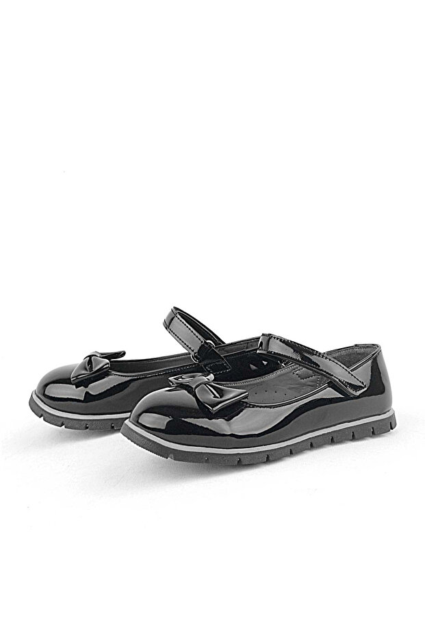 Black Patent Leather Bow and Velcro Girls' Ballerinas