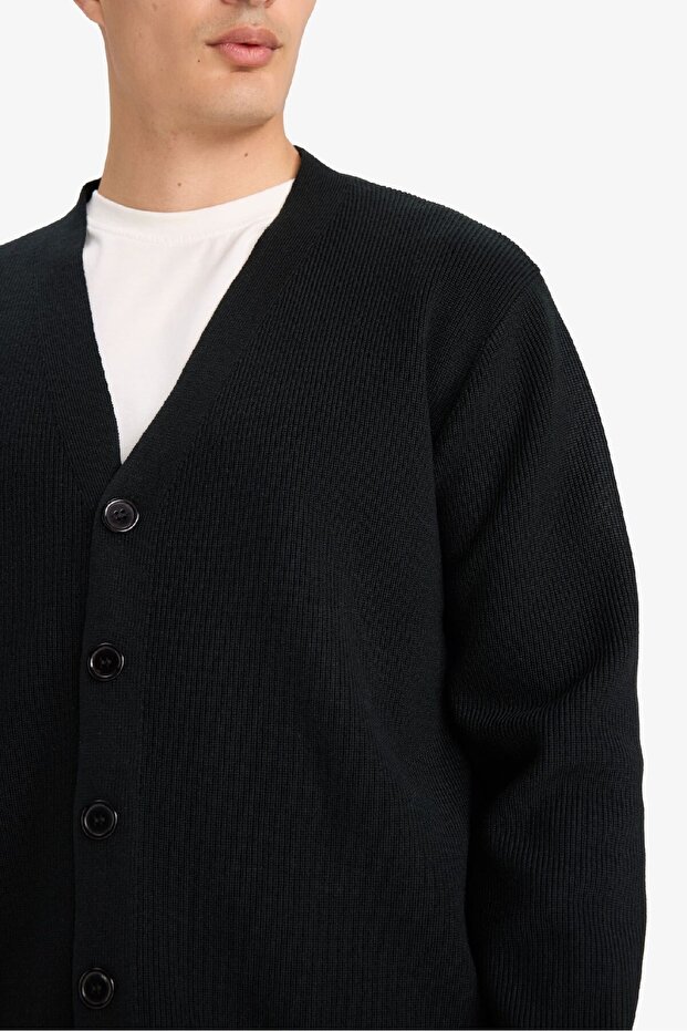 Relax Fit V Yaka Düğmeli Triko Hırka F2700AX25WN - 5