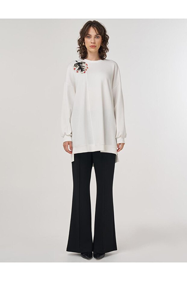 İşlemeli Scuba Sweatshirt Ekru - 3