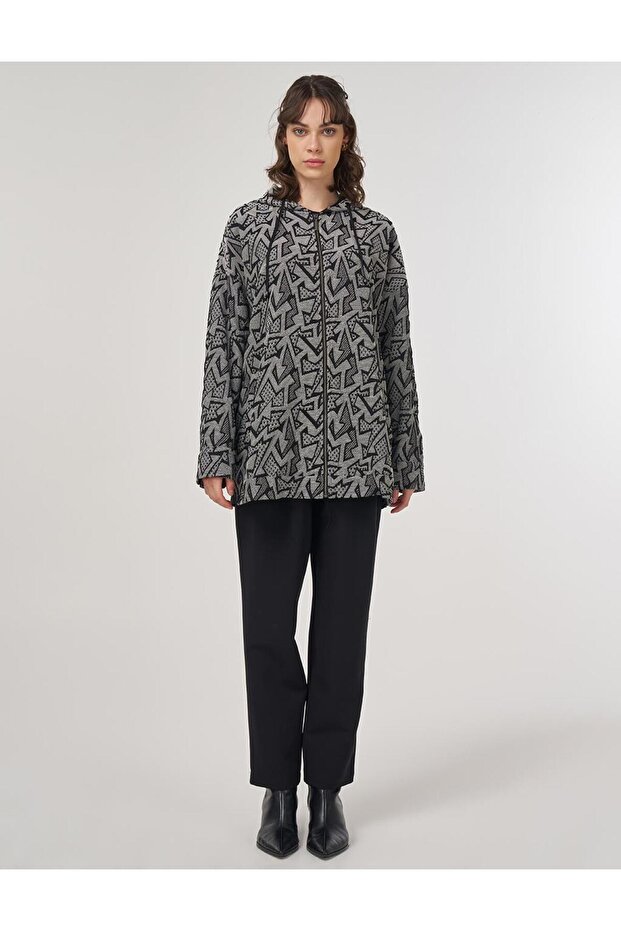 Abstract Pattern Hooded Detailed Jacket Black - 1