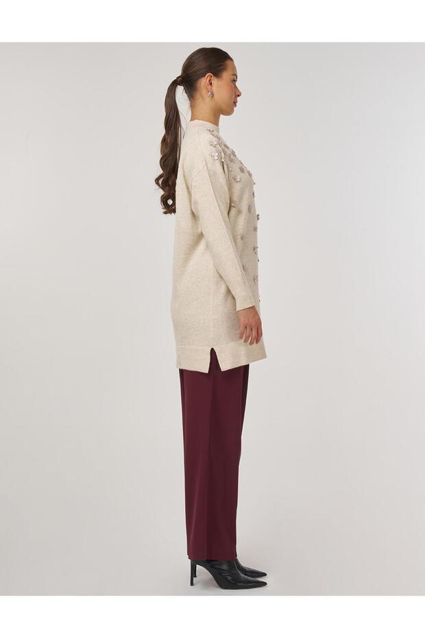 Çiçek Aplikeli Triko Tunik Krem - 4