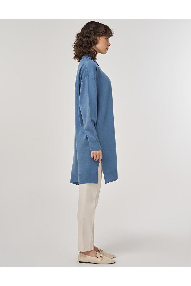 Devrik Yaka Triko Tunik Taç Mavisi - 5