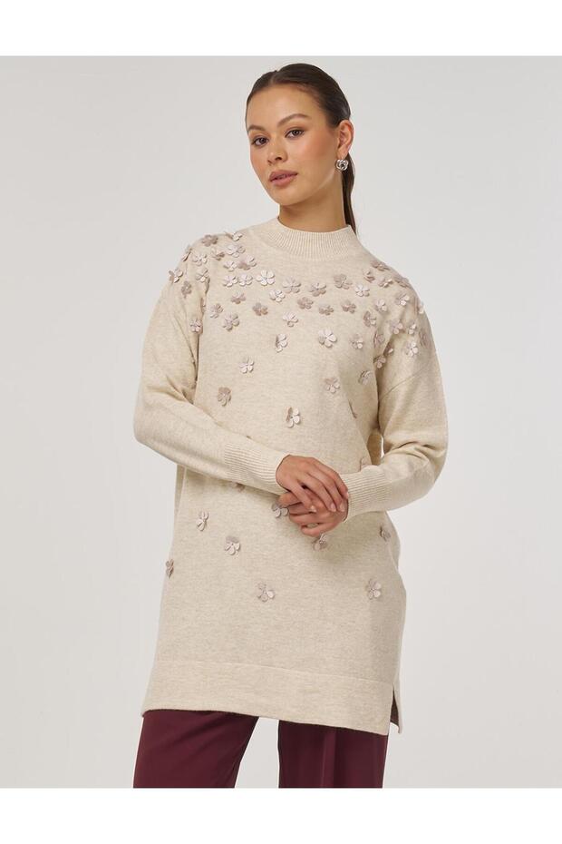 Çiçek Aplikeli Triko Tunik Krem - 1