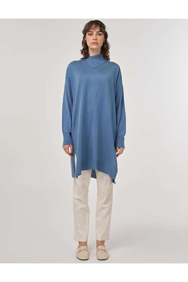 Devrik Yaka Triko Tunik Taç Mavisi - 2