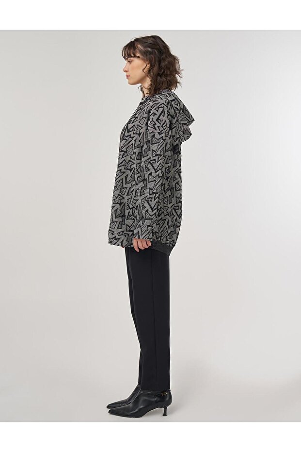 Abstract Pattern Hooded Detailed Jacket Black - 3