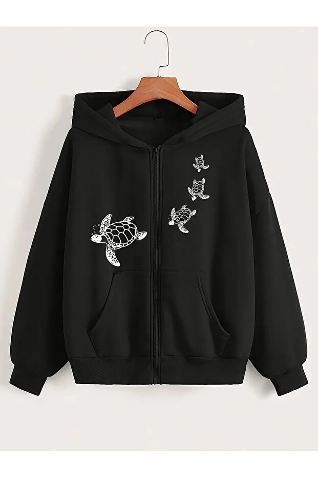 Tortoise Patterned Zippered Hoodie - 1