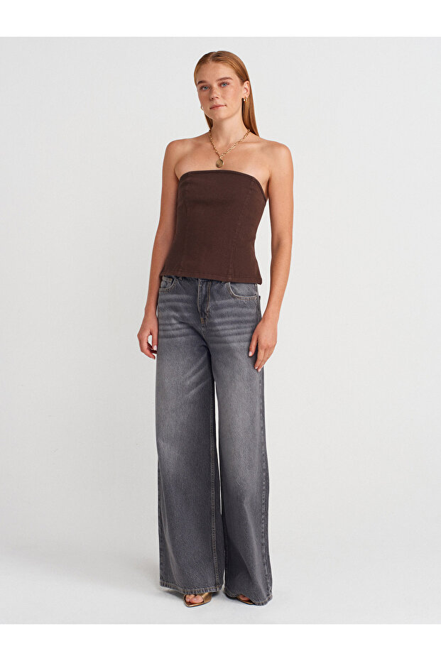 50880 Στράπλες Πεπλού Τόπο-Καφέ - 4