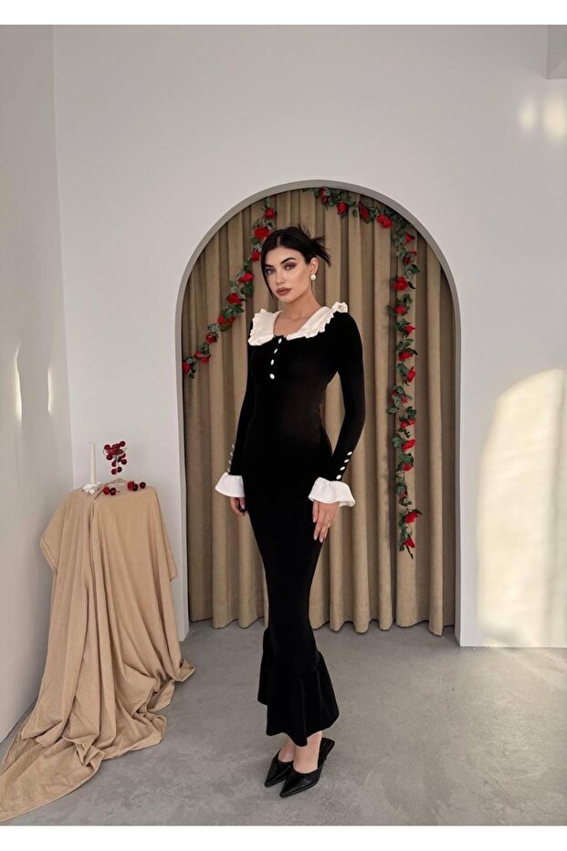 Arlena Retro Fırfır Detay Uzun Triko Elbise - 4
