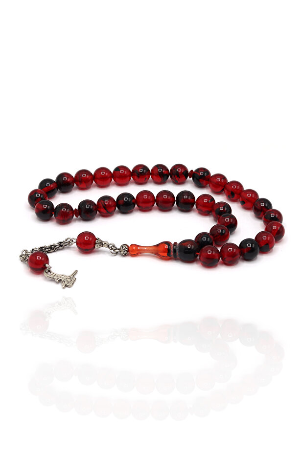 Red Black Vermilion Sphere Cut Powder Amber Prayer Beads 201024491